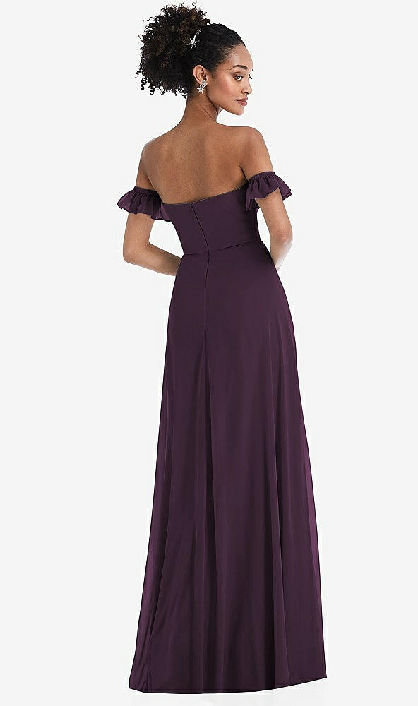 Back View - Aubergine Off-the-Shoulder Ruffle Cuff Sleeve Chiffon Maxi Dress