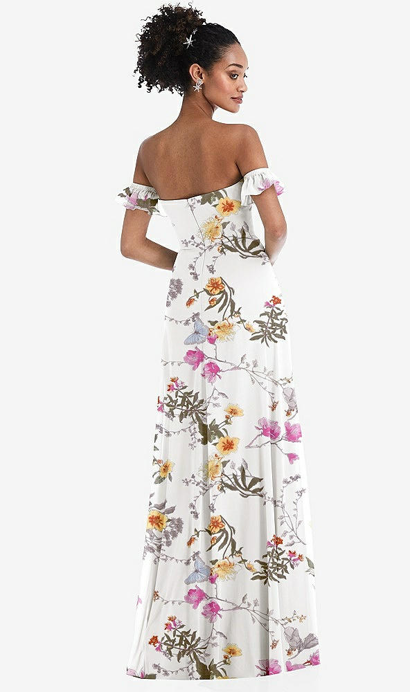 Back View - Butterfly Botanica Ivory Off-the-Shoulder Ruffle Cuff Sleeve Chiffon Maxi Dress