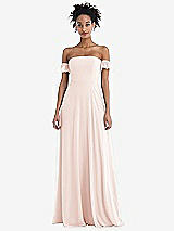 Front View Thumbnail - Blush Off-the-Shoulder Ruffle Cuff Sleeve Chiffon Maxi Dress