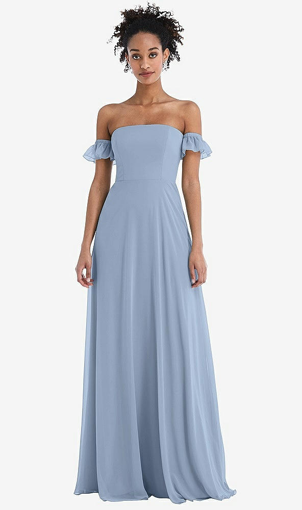 Front View - Cloudy Off-the-Shoulder Ruffle Cuff Sleeve Chiffon Maxi Dress