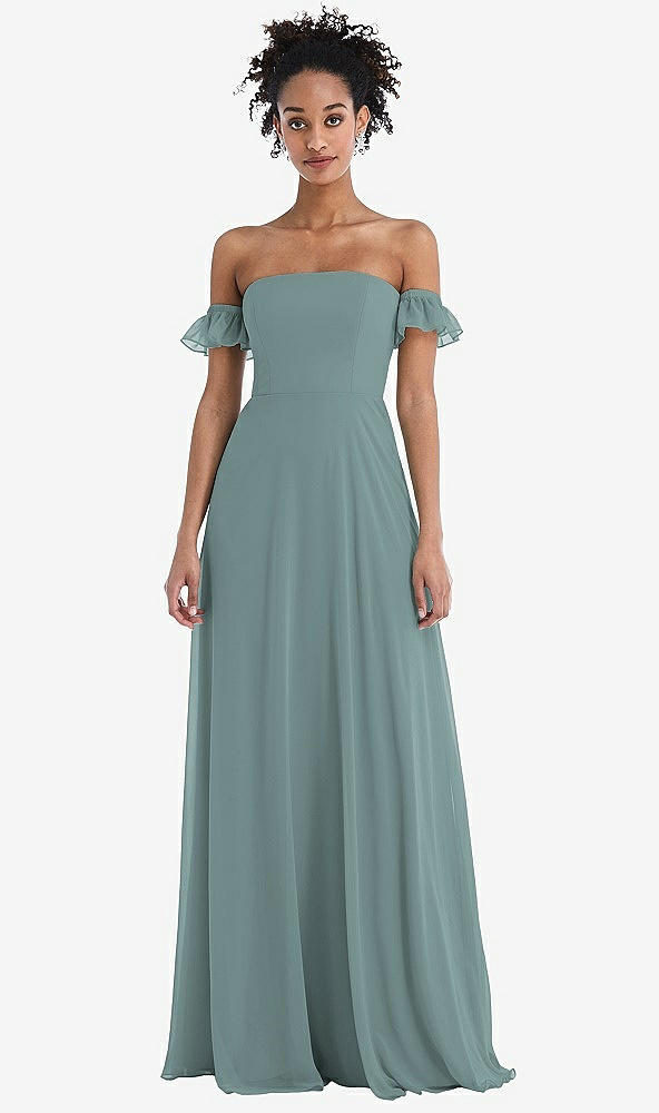 Front View - Icelandic Off-the-Shoulder Ruffle Cuff Sleeve Chiffon Maxi Dress