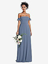 Alt View 1 Thumbnail - Larkspur Blue Off-the-Shoulder Ruffle Cuff Sleeve Chiffon Maxi Dress