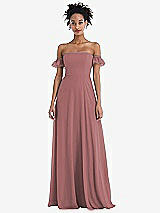 Front View Thumbnail - Rosewood Off-the-Shoulder Ruffle Cuff Sleeve Chiffon Maxi Dress