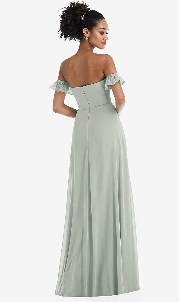 Back View - Willow Green Off-the-Shoulder Ruffle Cuff Sleeve Chiffon Maxi Dress