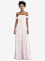 Front View Thumbnail - Watercolor Print Off-the-Shoulder Ruffle Cuff Sleeve Chiffon Maxi Dress