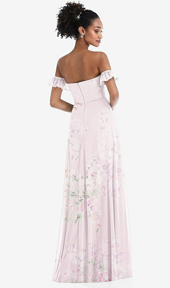 Back View - Watercolor Print Off-the-Shoulder Ruffle Cuff Sleeve Chiffon Maxi Dress