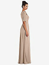 Side View Thumbnail - Topaz Bow One-Shoulder Flounce Sleeve Maxi Dress