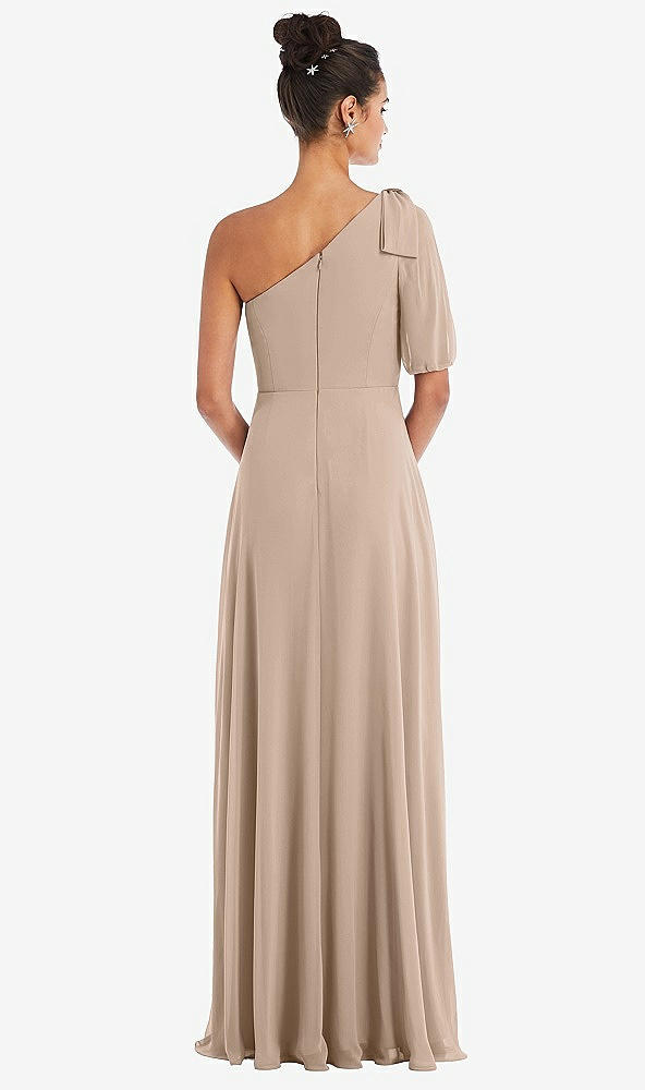 Back View - Topaz Bow One-Shoulder Flounce Sleeve Maxi Dress