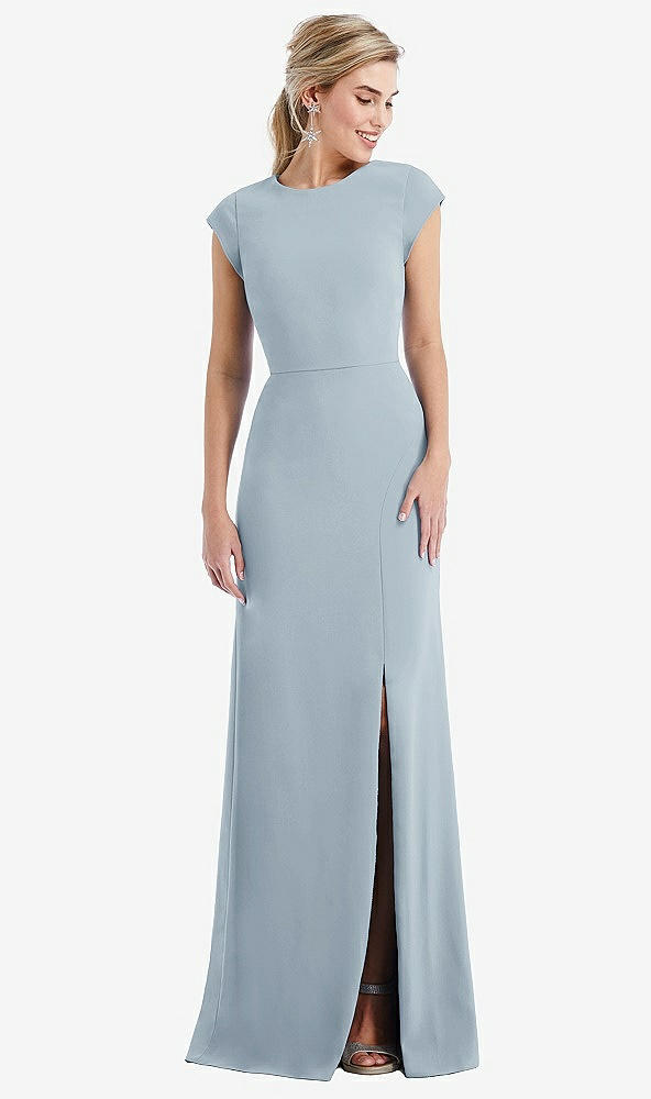 Front View - Mist Cap Sleeve Open-Back Trumpet Gown with Front Slit