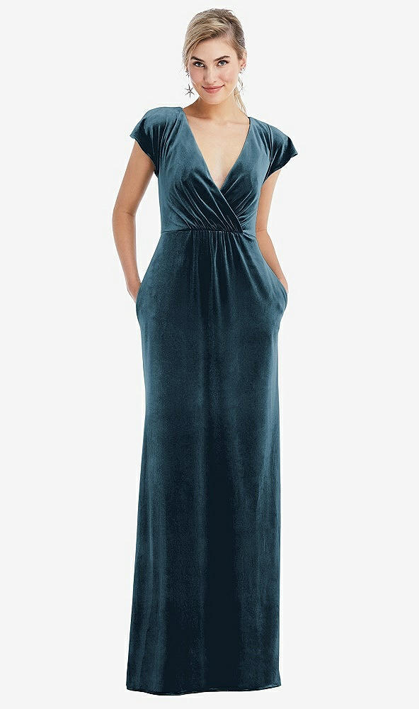 Front View - Dutch Blue Flutter Sleeve Wrap Bodice Velvet Maxi Dress with Pockets