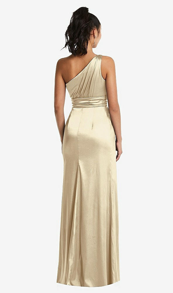 Back View - Banana One-Shoulder Draped Satin Maxi Dress