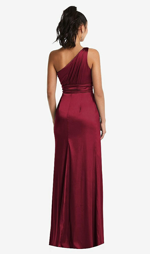 Back View - Burgundy One-Shoulder Draped Satin Maxi Dress