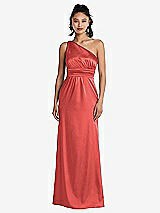 Front View Thumbnail - Perfect Coral One-Shoulder Draped Satin Maxi Dress