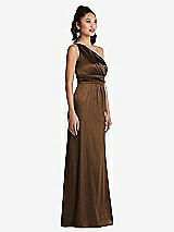 Side View Thumbnail - Latte One-Shoulder Draped Satin Maxi Dress