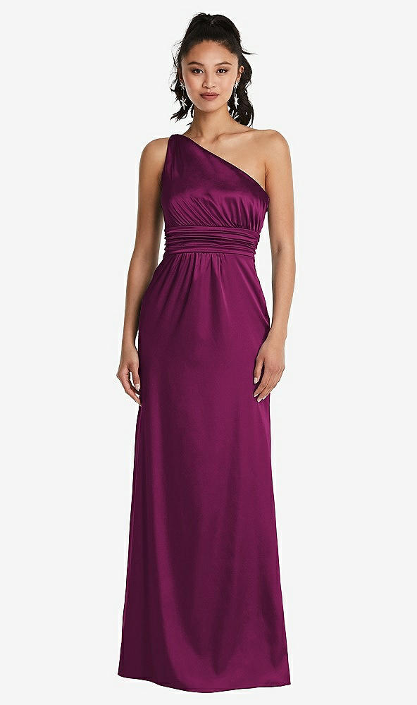 Front View - Merlot One-Shoulder Draped Satin Maxi Dress