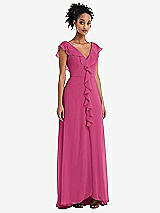 Front View Thumbnail - Tea Rose Ruffle-Trimmed V-Back Chiffon Maxi Dress