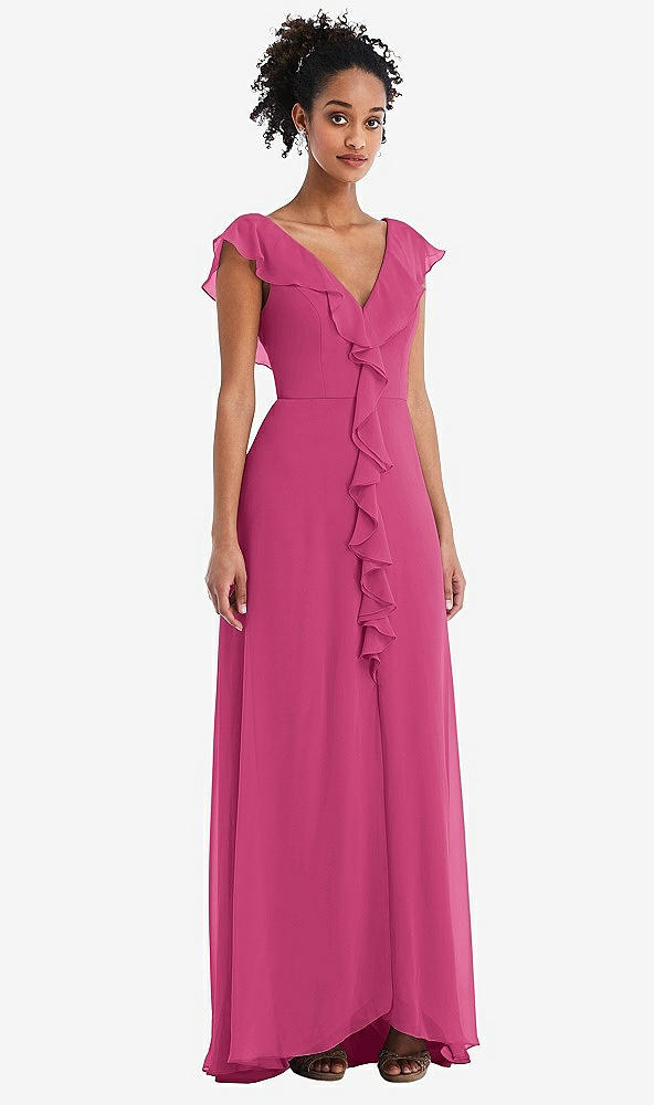 Front View - Tea Rose Ruffle-Trimmed V-Back Chiffon Maxi Dress