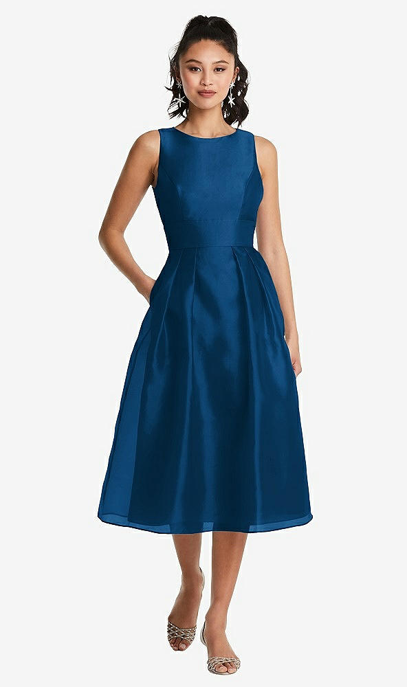 Front View - Comet Bateau Neck Open-Back Pleated Skirt Midi Dress