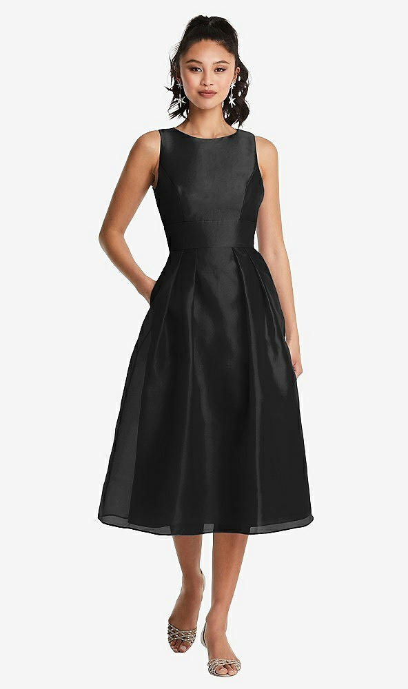 Front View - Black Bateau Neck Open-Back Pleated Skirt Midi Dress