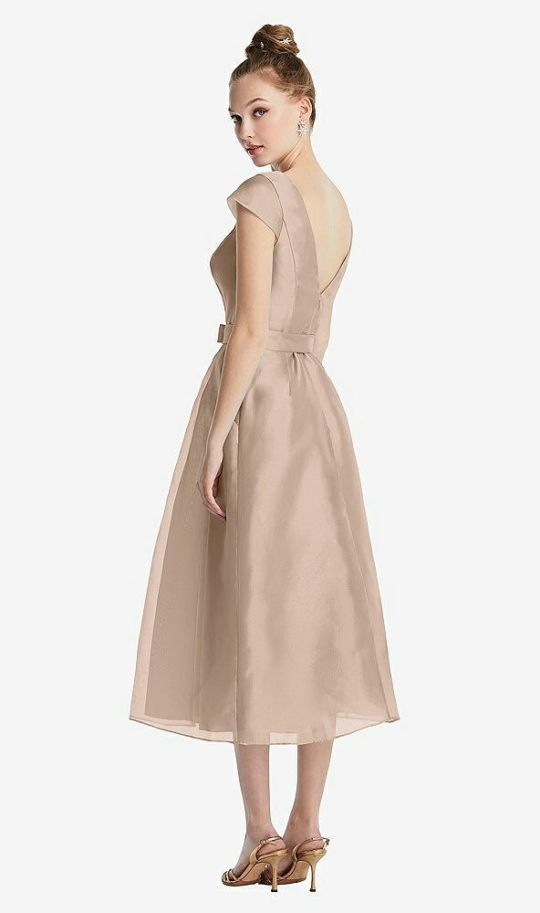 Back View - Topaz Cap Sleeve Pleated Skirt Midi Dress with Bowed Waist