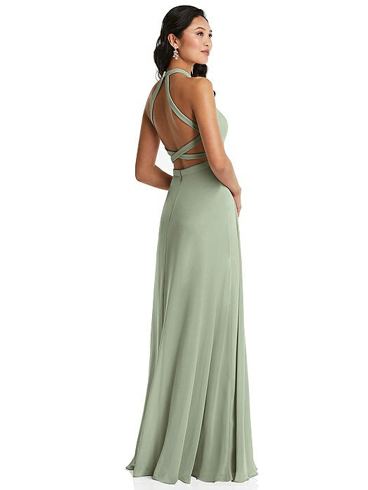 Stand Collar Halter Maxi Dress with Criss Cross Open-Back