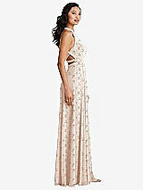 Side View Thumbnail - Coquette Floral Print Stand Collar Halter Maxi Dress with Criss Cross Open-Back