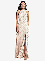 Rear View Thumbnail - Coquette Floral Print Stand Collar Halter Maxi Dress with Criss Cross Open-Back