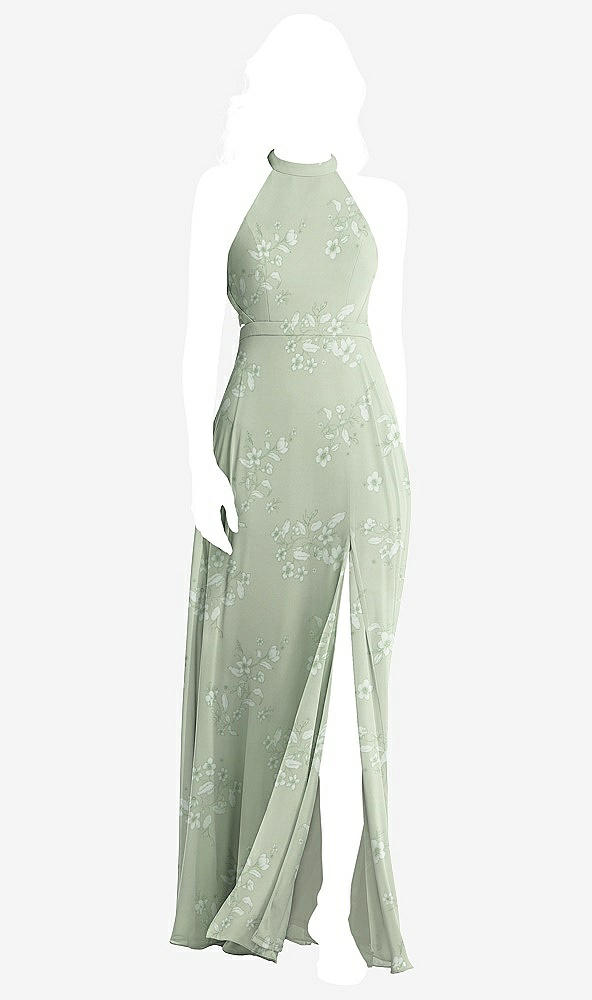 Back View - Vintage Primrose Sage Stand Collar Halter Maxi Dress with Criss Cross Open-Back