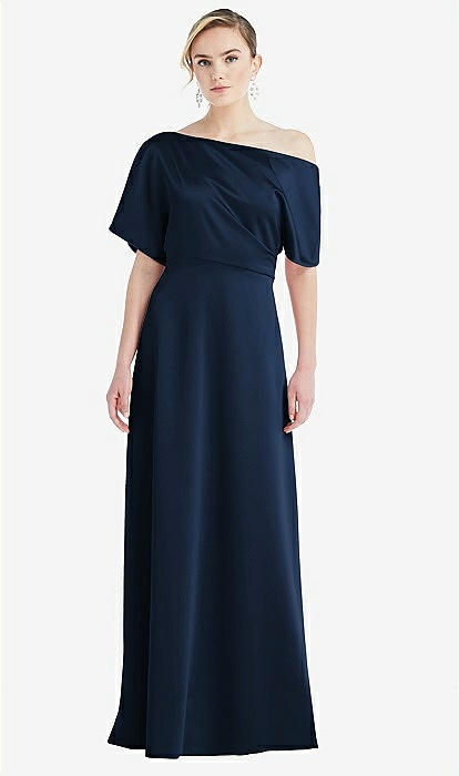 One shoulder Sleeved Blouson Trumpet Bridesmaid Dress In Midnight Navy The Dessy Group