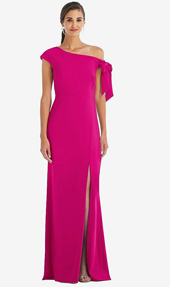 Front View - Think Pink Off-the-Shoulder Tie Detail Trumpet Gown with Front Slit