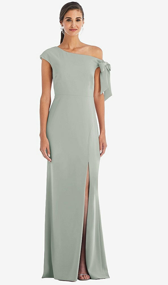 Front View - Willow Green Off-the-Shoulder Tie Detail Trumpet Gown with Front Slit