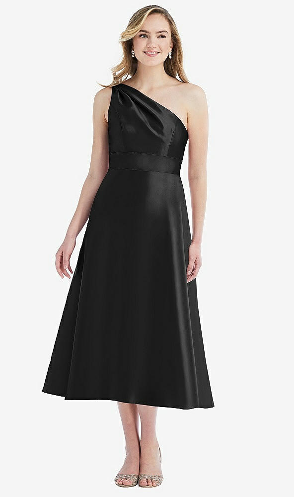 Front View - Black & Black Draped One-Shoulder Satin Midi Dress with Pockets