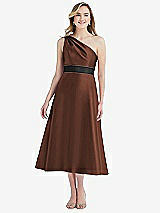 Front View Thumbnail - Cognac & Black Draped One-Shoulder Satin Midi Dress with Pockets