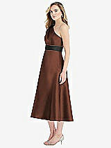 Side View Thumbnail - Cognac & Black Draped One-Shoulder Satin Midi Dress with Pockets