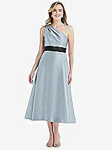 Front View Thumbnail - Mist & Black Draped One-Shoulder Satin Midi Dress with Pockets