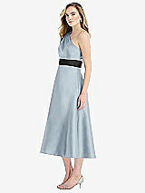 Side View Thumbnail - Mist & Black Draped One-Shoulder Satin Midi Dress with Pockets