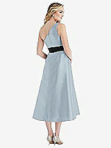 Rear View Thumbnail - Mist & Black Draped One-Shoulder Satin Midi Dress with Pockets