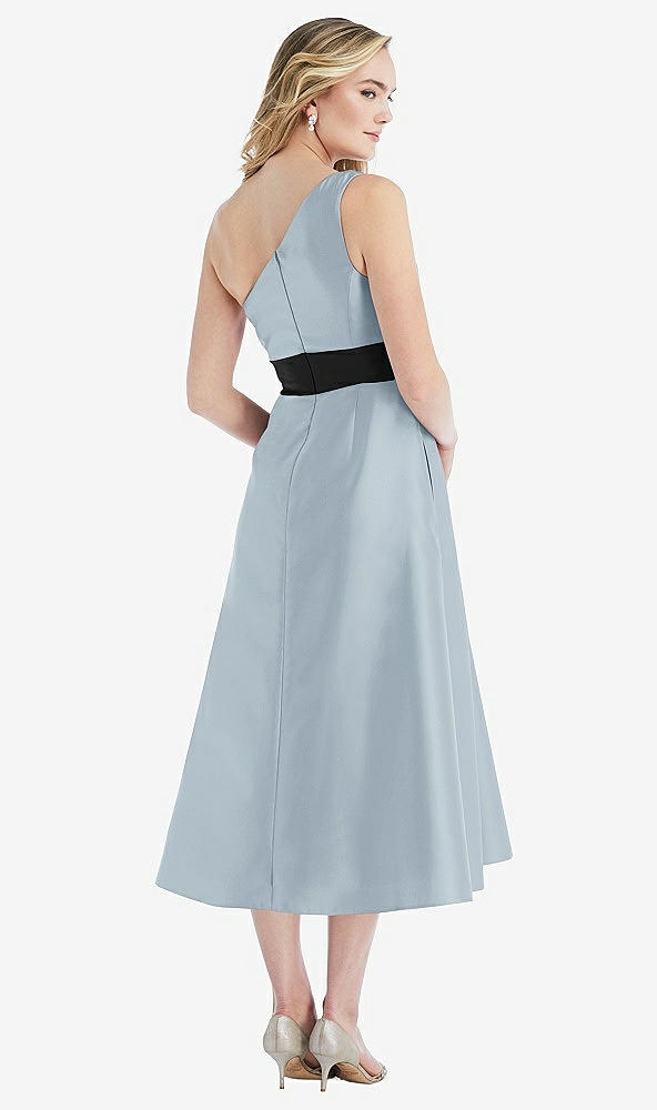 Back View - Mist & Black Draped One-Shoulder Satin Midi Dress with Pockets