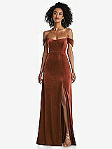 Front View Thumbnail - Auburn Moon Off-the-Shoulder Flounce Sleeve Velvet Maxi Dress