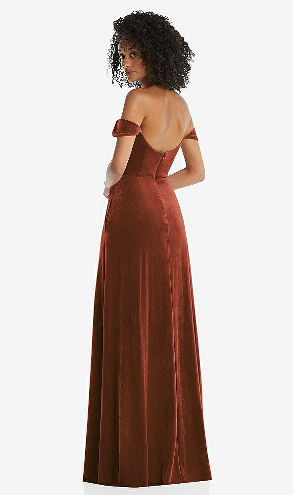 Back View - Auburn Moon Off-the-Shoulder Flounce Sleeve Velvet Maxi Dress