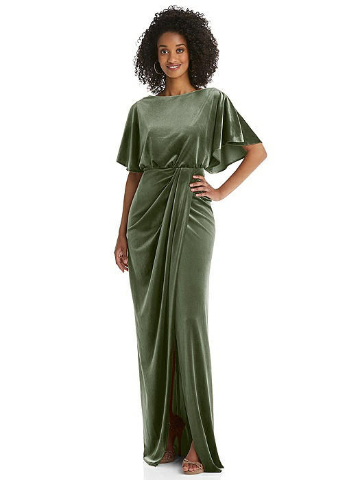 Flutter Sleeve Open-Back Velvet Maxi Dress with Draped Wrap Skirt