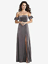 Front View Thumbnail - Caviar Gray Ruffle Sleeve Off-the-Shoulder Velvet Maxi Dress