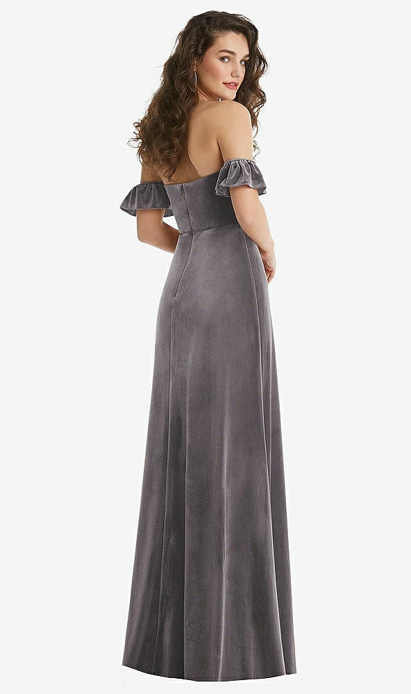 Back View - Caviar Gray Ruffle Sleeve Off-the-Shoulder Velvet Maxi Dress