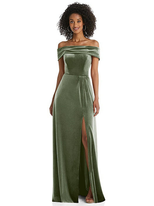 Draped Cuff Off-the-Shoulder Velvet Maxi Dress with Pockets