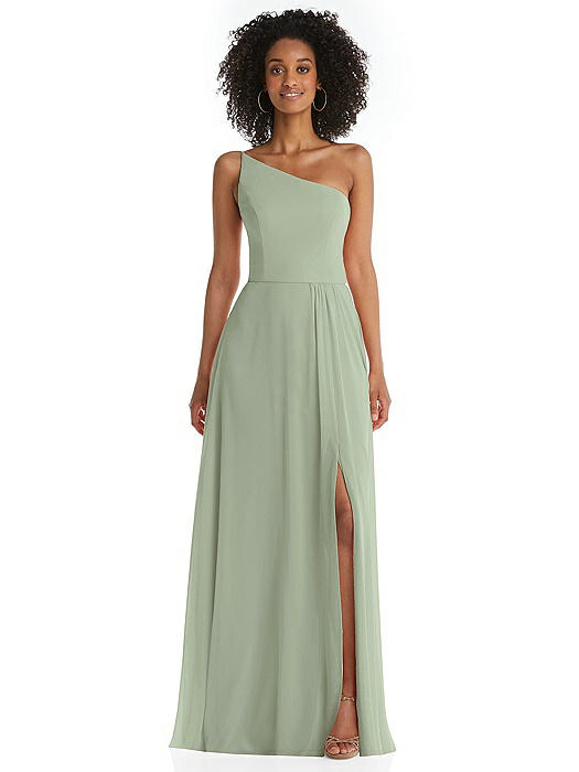 One-Shoulder Chiffon Maxi Dress with Shirred Front Slit