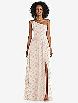 Front View Thumbnail - Coquette Floral Print One-Shoulder Chiffon Maxi Dress with Shirred Front Slit