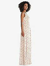 Side View Thumbnail - Coquette Floral Print One-Shoulder Chiffon Maxi Dress with Shirred Front Slit