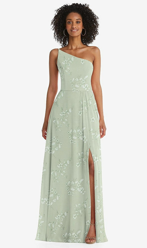 Front View - Vintage Primrose Sage One-Shoulder Chiffon Maxi Dress with Shirred Front Slit