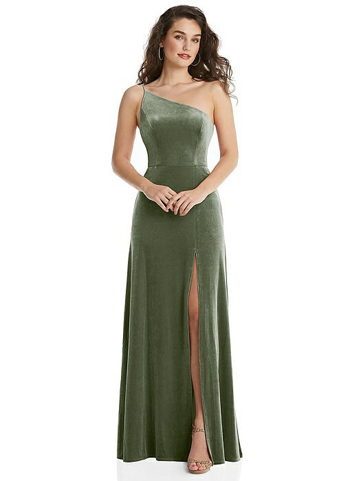 One-Shoulder Spaghetti Strap Velvet Maxi Dress with Pockets