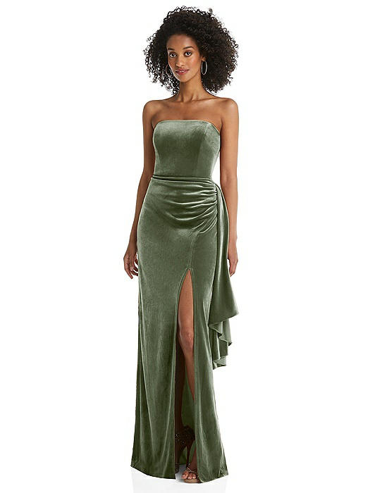 Strapless Velvet Maxi Dress with Draped Cascade Skirt